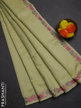 Pista Green Jute Silk Saree - Embroidery