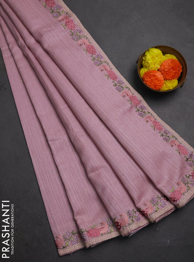 Pastel Pink Jute Silk Saree - Embroidery