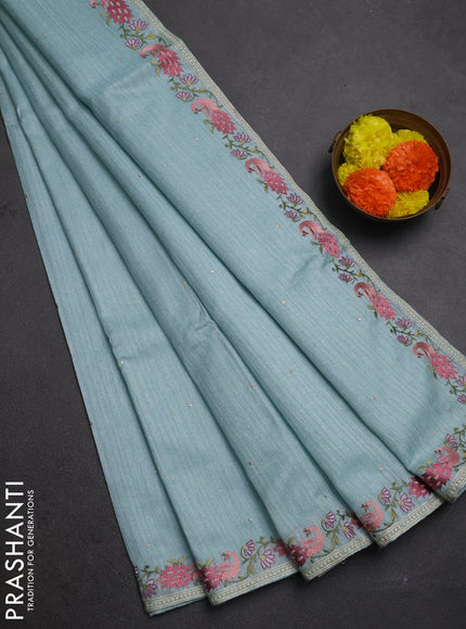 Teal Blue Jute Silk Saree - Embroidery