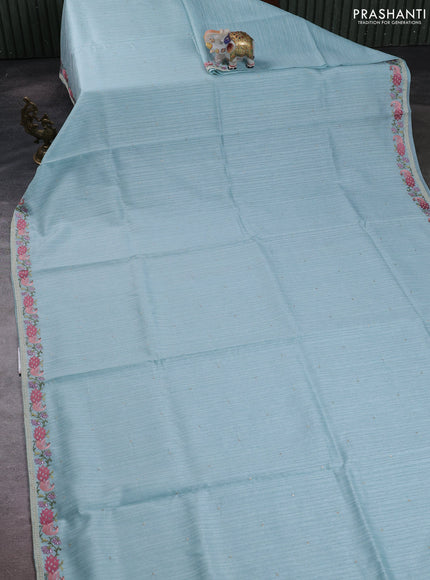 Teal Blue Jute Silk Saree - Embroidery