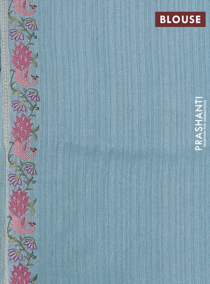 Teal Blue Jute Silk Saree - Embroidery
