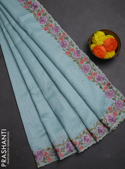 Teal Blue Jute Silk Saree - Embroidery