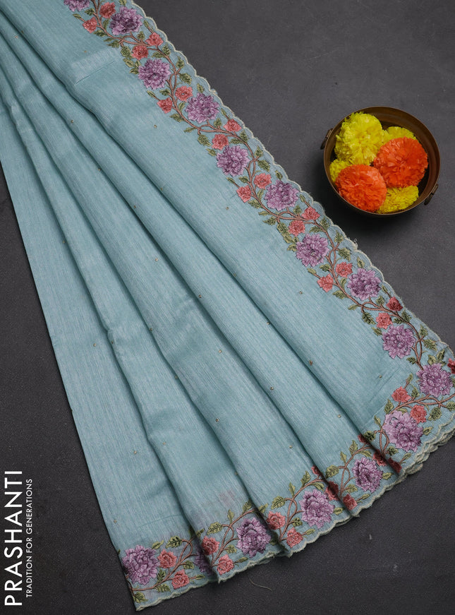 Teal Blue Jute Silk Saree - Embroidery