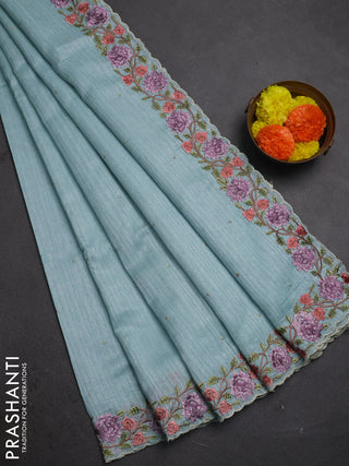 Teal Blue Jute Silk Saree - Embroidery