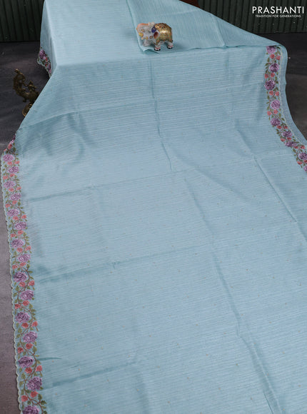 Teal Blue Jute Silk Saree - Embroidery