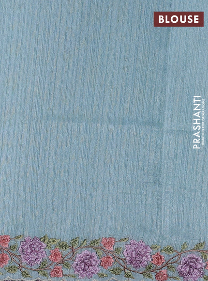 Teal Blue Jute Silk Saree - Embroidery