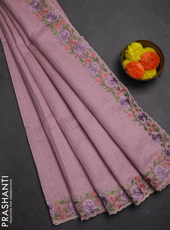 Pastel Pink Jute Silk Saree - Embroidery