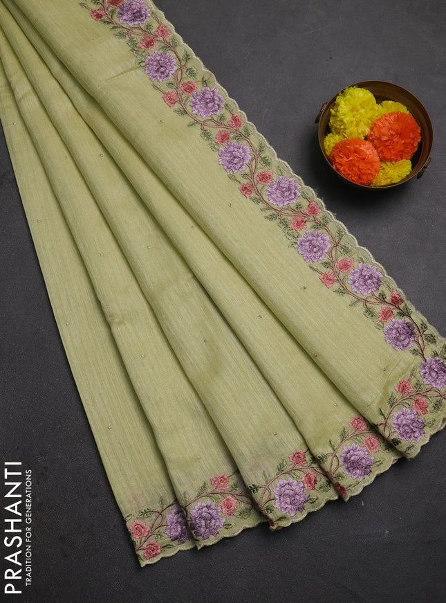 Pista Green Jute Silk Saree - Embroidery