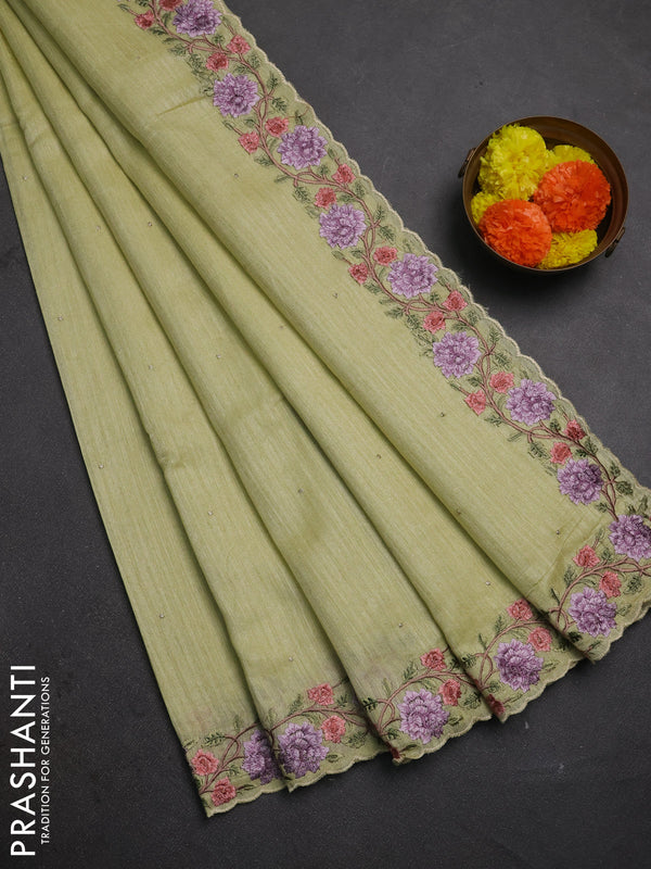 Pista Green Jute Silk Saree - Embroidery