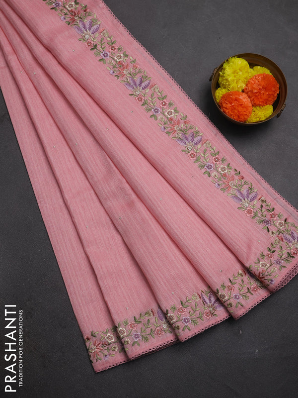 Peach Pink Jute Silk Saree - Embroidery