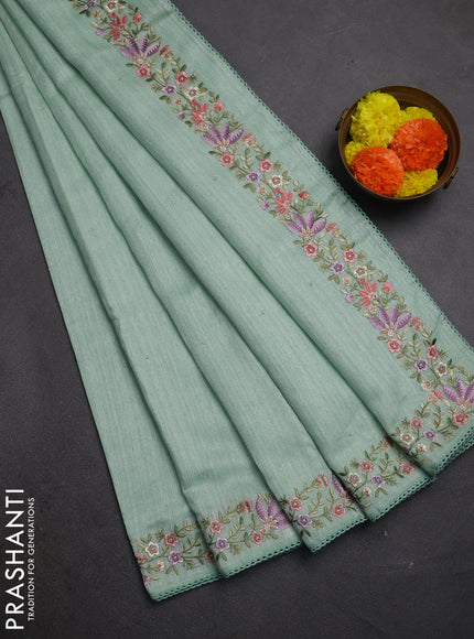 Teal Green Jute Silk Saree - Embroidery