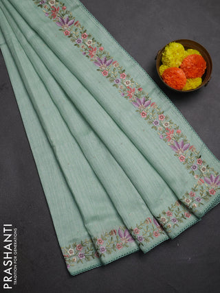Teal Green Jute Silk Saree - Embroidery