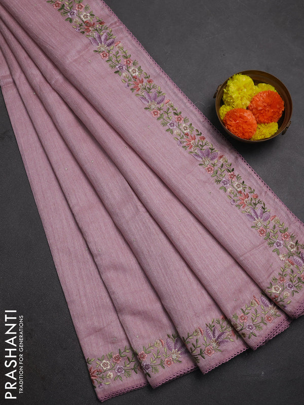 Pastel Pink Jute Silk Saree - Embroidery