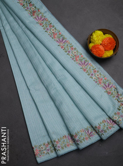 Teal Blue Jute Silk Saree - Embroidery