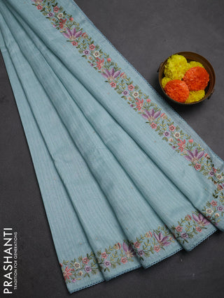 Teal Blue Jute Silk Saree - Embroidery
