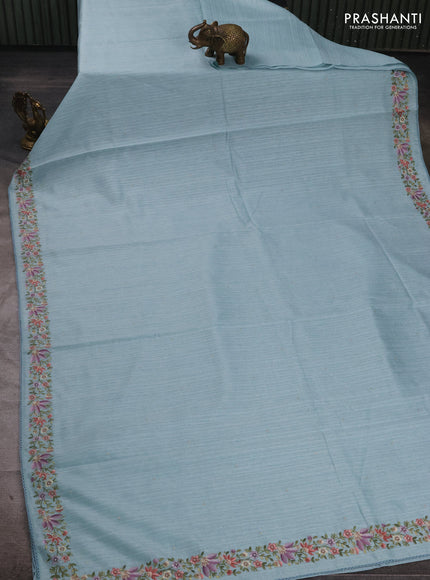 Teal Blue Jute Silk Saree - Embroidery