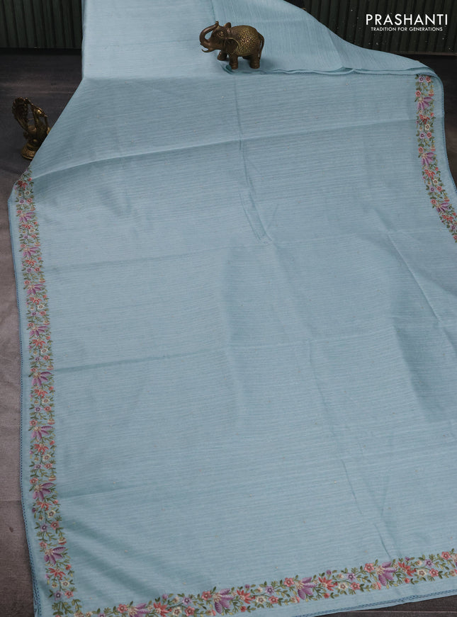 Teal Blue Jute Silk Saree - Embroidery