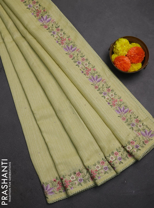 Pista Green Jute Silk Saree - Embroidery
