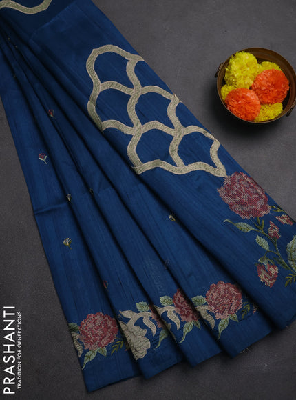 Peacock Blue Semi Raw Silk Saree - Embroidery Work