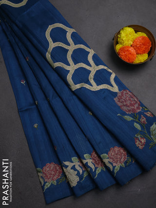Peacock Blue Semi Raw Silk Saree - Embroidery Work