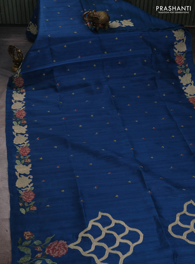 Peacock Blue Semi Raw Silk Saree - Embroidery Work