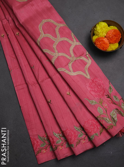 Peach Pink Semi Raw Silk Saree - Embroidery Work