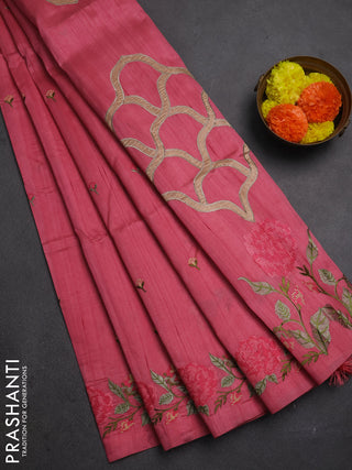 Peach Pink Semi Raw Silk Saree - Embroidery Work