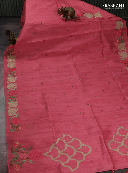 Peach Pink Semi Raw Silk Saree - Embroidery Work