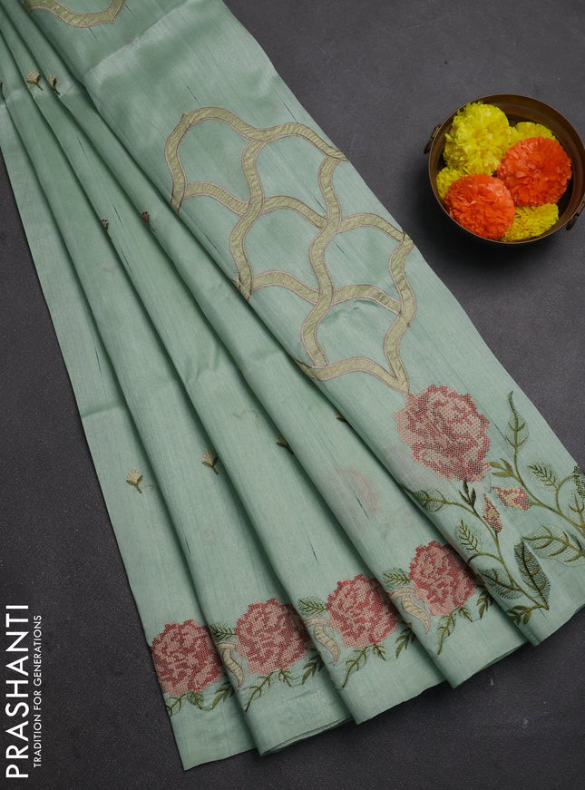 Pastel Green Semi Raw Silk Saree - Embroidery Work