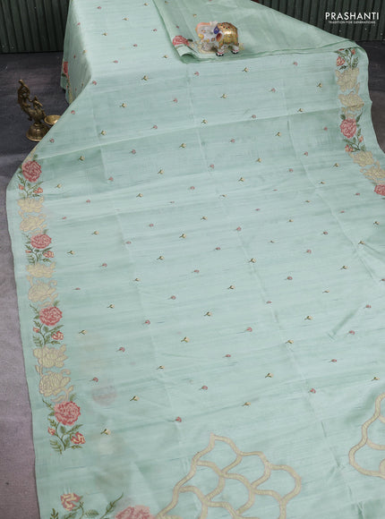 Pastel Green Semi Raw Silk Saree - Embroidery Work