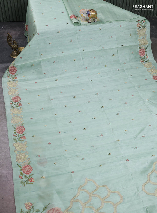 Pastel Green Semi Raw Silk Saree - Embroidery Work