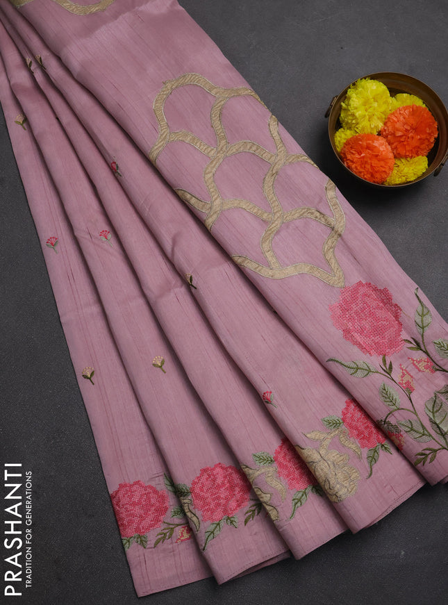 Pastel Pink Semi Raw Silk Saree - Embroidery Work