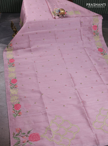 Pastel Pink Semi Raw Silk Saree - Embroidery Work