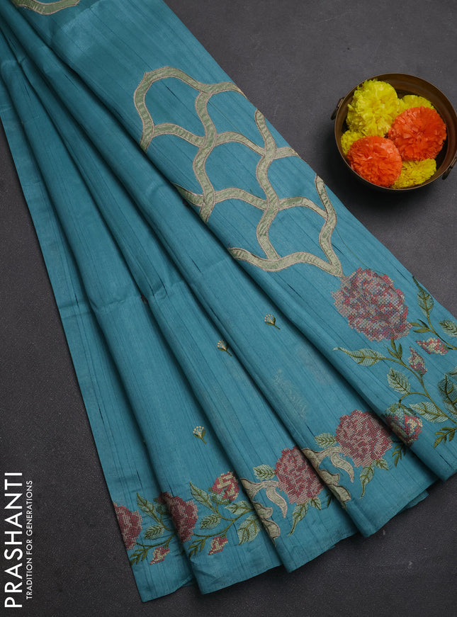 Teal Blue Semi Raw Silk Saree - Embroidery Work