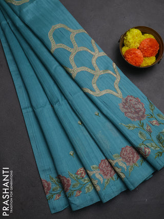 Teal Blue Semi Raw Silk Saree - Embroidery Work