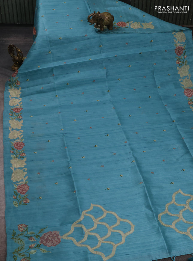 Teal Blue Semi Raw Silk Saree - Embroidery Work