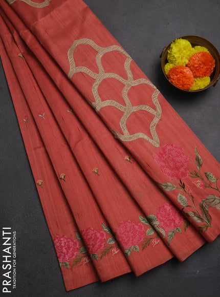 Dark Peach Shade Semi Raw Silk Saree - Embroidery Work