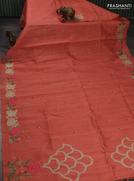 Dark Peach Shade Semi Raw Silk Saree - Embroidery Work