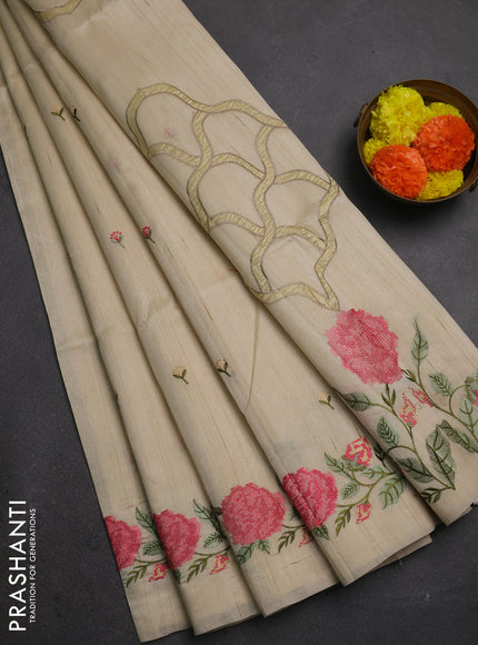 Beige Semi Raw Silk Saree - Embroidery Work