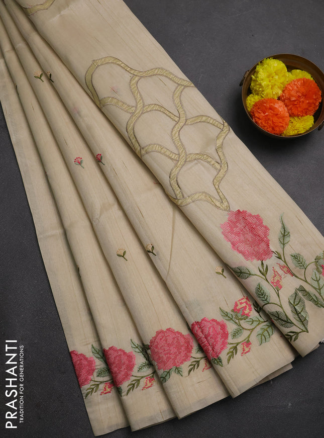 Beige Semi Raw Silk Saree - Embroidery Work