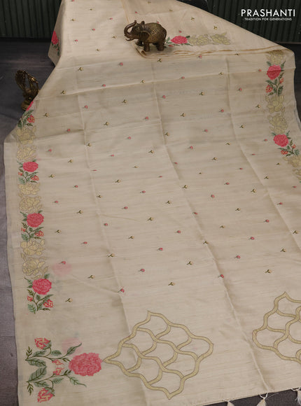 Beige Semi Raw Silk Saree - Embroidery Work