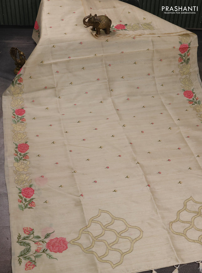 Beige Semi Raw Silk Saree - Embroidery Work
