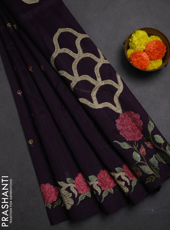 Deep Purple Semi Raw Silk Saree - Embroidery Work