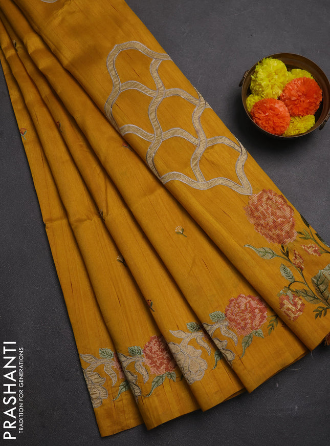 Mustard Yellow Semi Raw Silk Saree - Embroidery Work