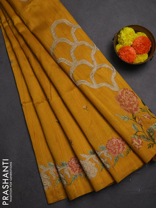 Mustard Yellow Semi Raw Silk Saree - Embroidery Work