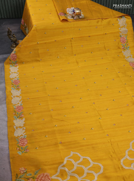 Mustard Yellow Semi Raw Silk Saree - Embroidery Work