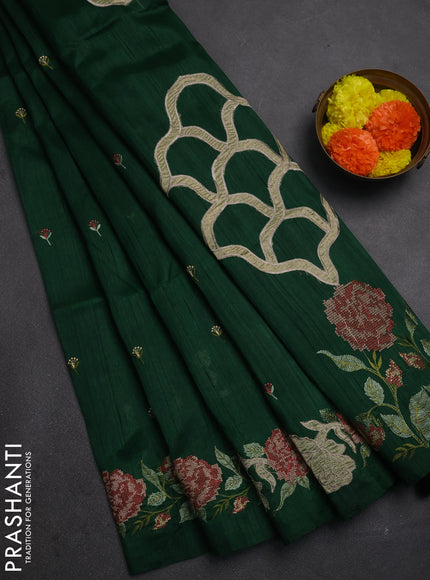 Bottle Green Semi Raw Silk Saree - Embroidery Work
