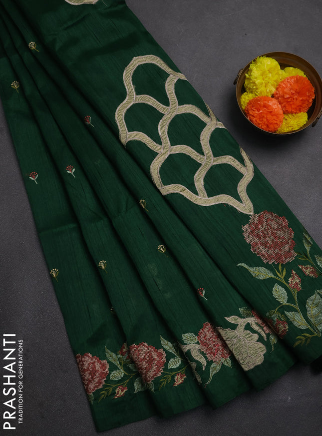 Bottle Green Semi Raw Silk Saree - Embroidery Work