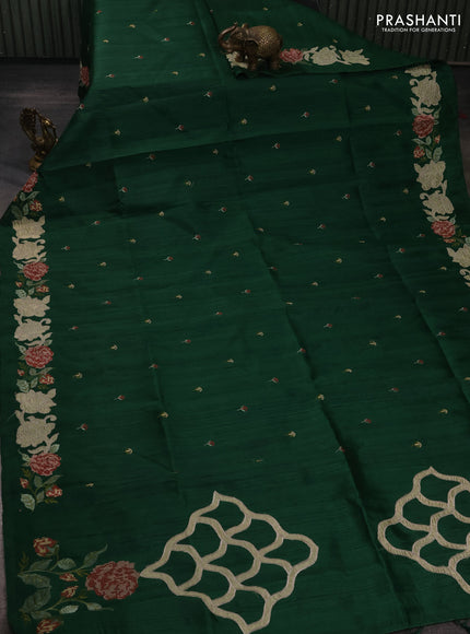 Bottle Green Semi Raw Silk Saree - Embroidery Work
