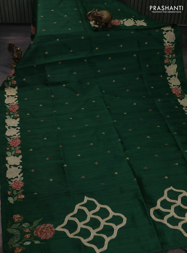 Bottle Green Semi Raw Silk Saree - Embroidery Work